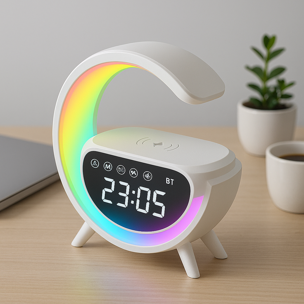 Multi-functional Led Clock Display Speaker G Lamp Bt- 3401 | Led Wireless Charging Speaker, G-shaped Speaker Light, Bluetooth Mp3 Player, Night Light And Alarm Clock